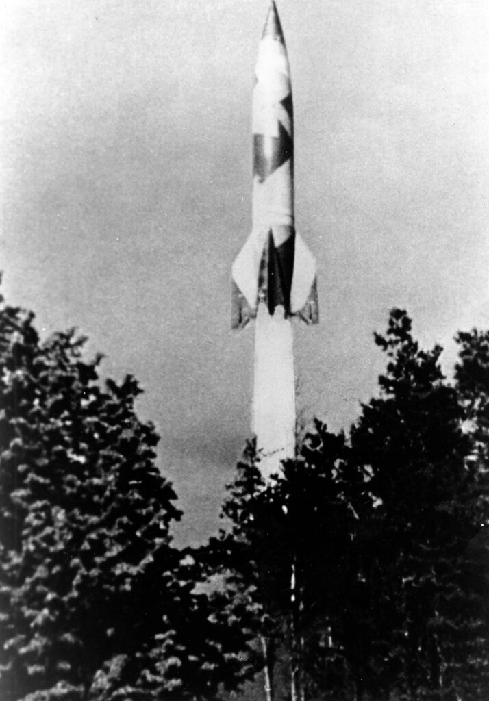 V-2 rocket shown in the air just after launch.